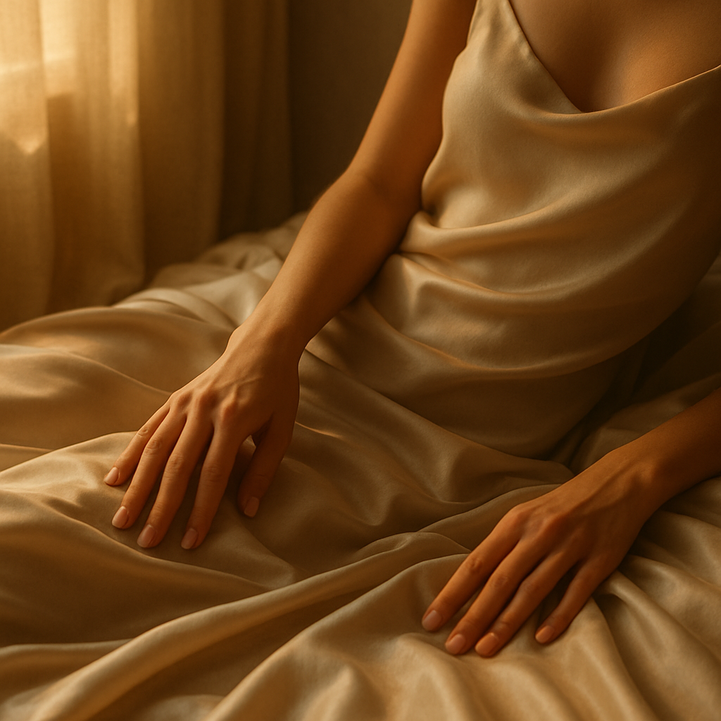 Mani femminili che accarezzano lenzuola di seta chiara, in un’atmosfera calda ed elegante, simbolo di piacere e libertà sensuale.