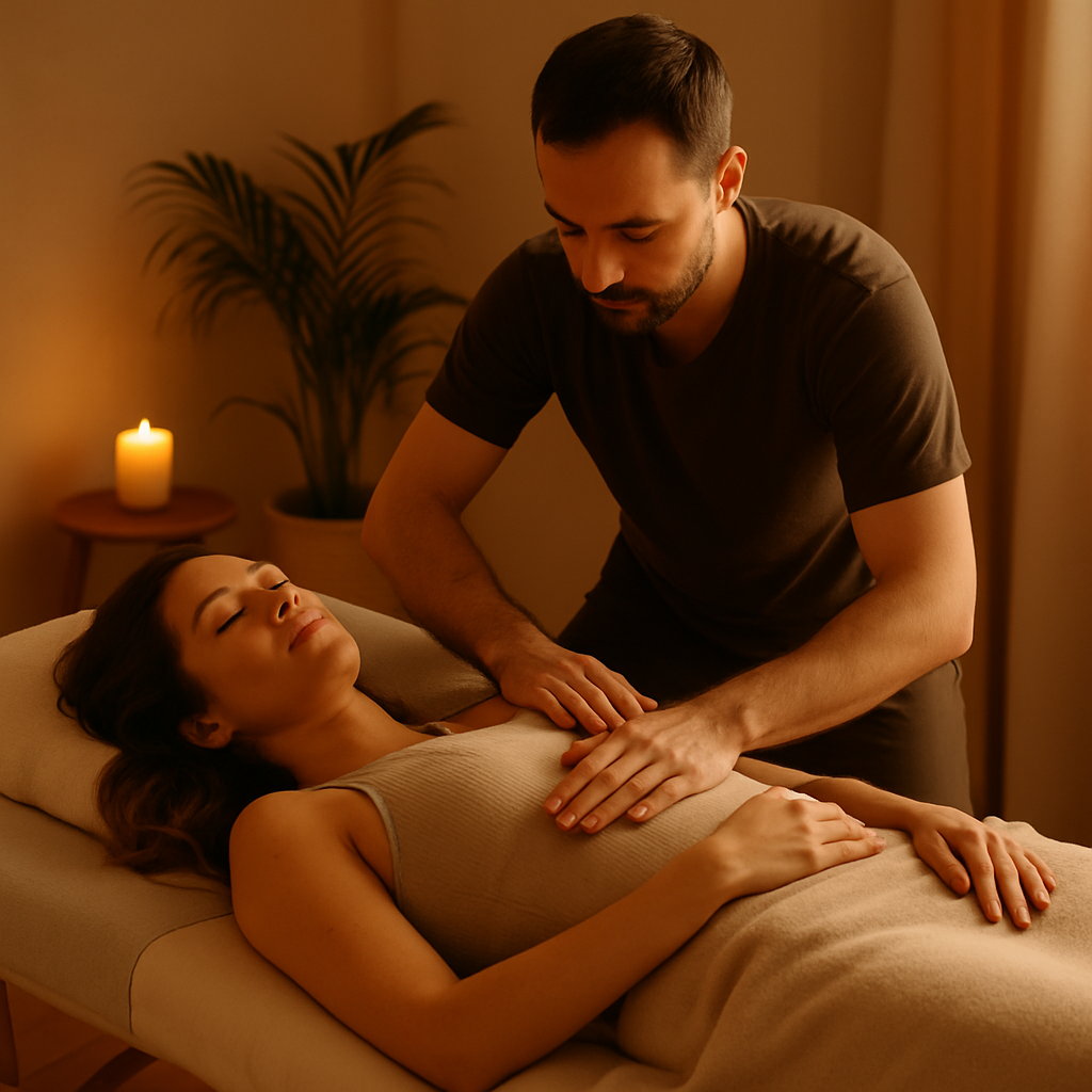 Massaggiatore uomo esegue un massaggio emozionale su una donna distesa in un ambiente rilassante, con luci soffuse e atmosfera intima.