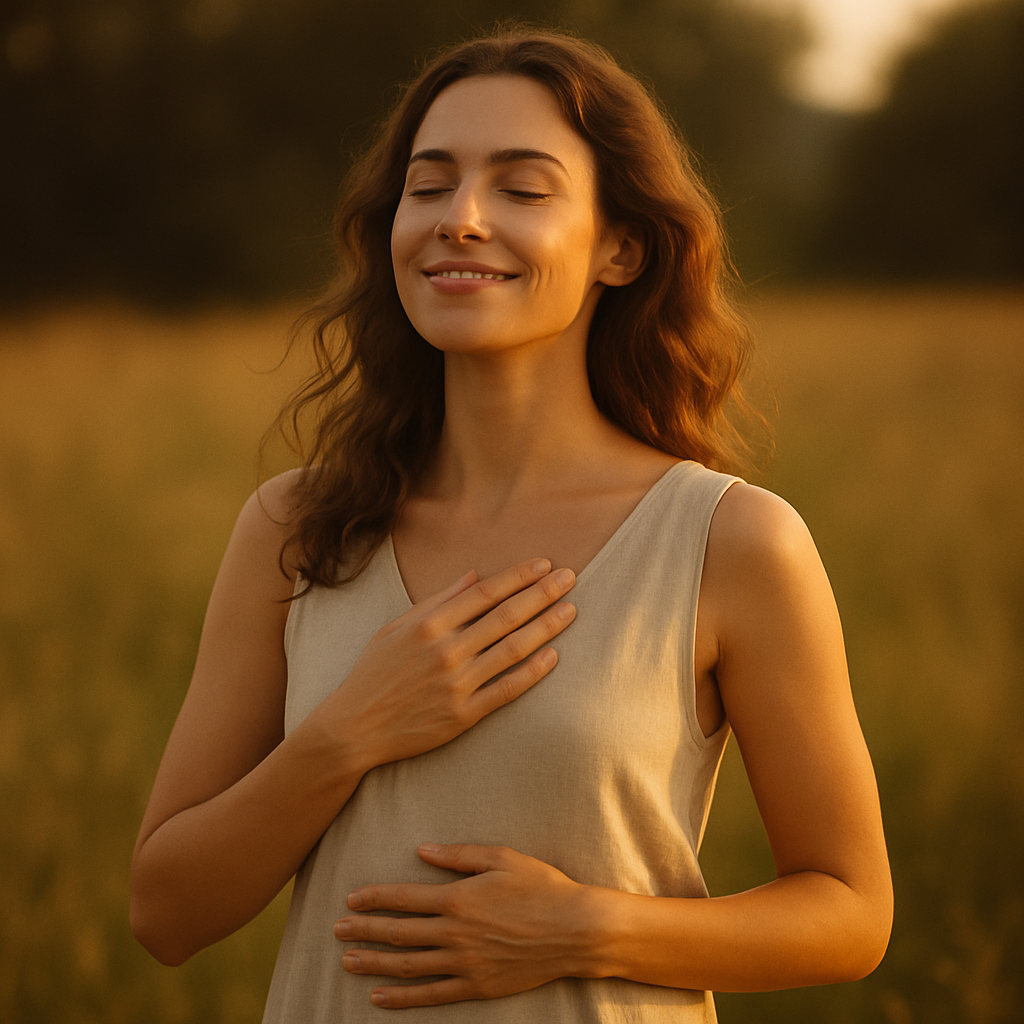 Donna in un campo al tramonto con le mani sul cuore e sull’addome, espressione serena, simbolo di ascolto emotivo e consapevolezza corporea.