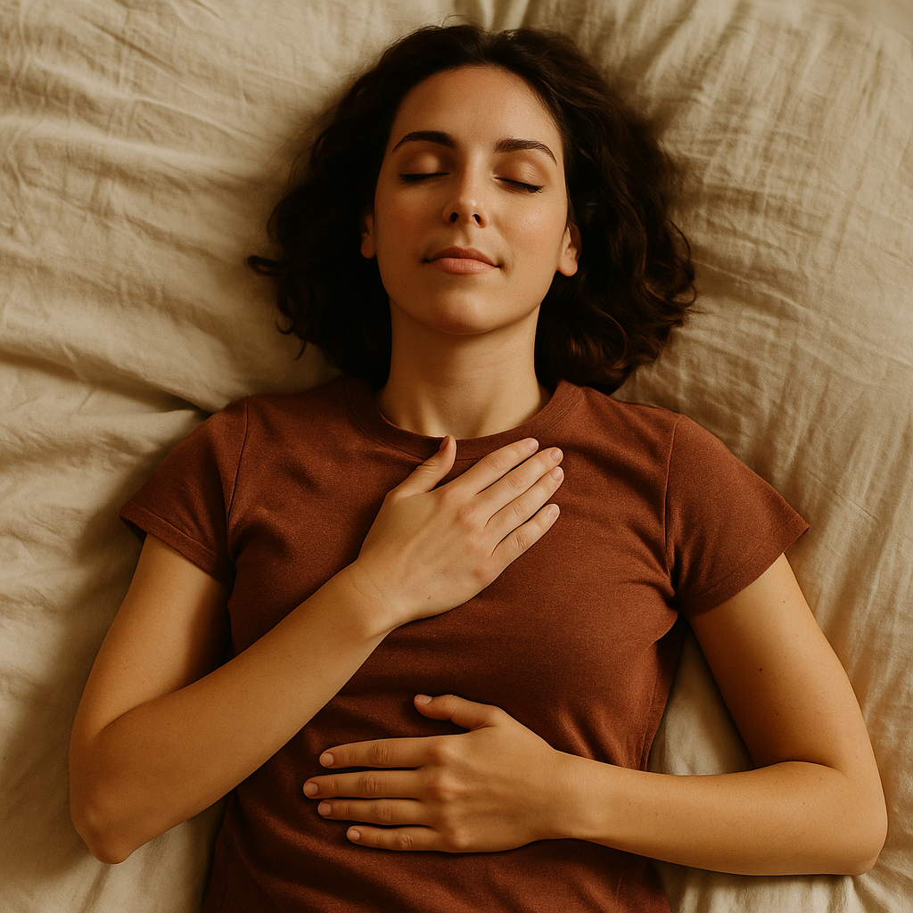 Donna distesa su un letto, occhi chiusi e mani su cuore e pancia, simbolo di introspezione e risveglio della passione interiore.