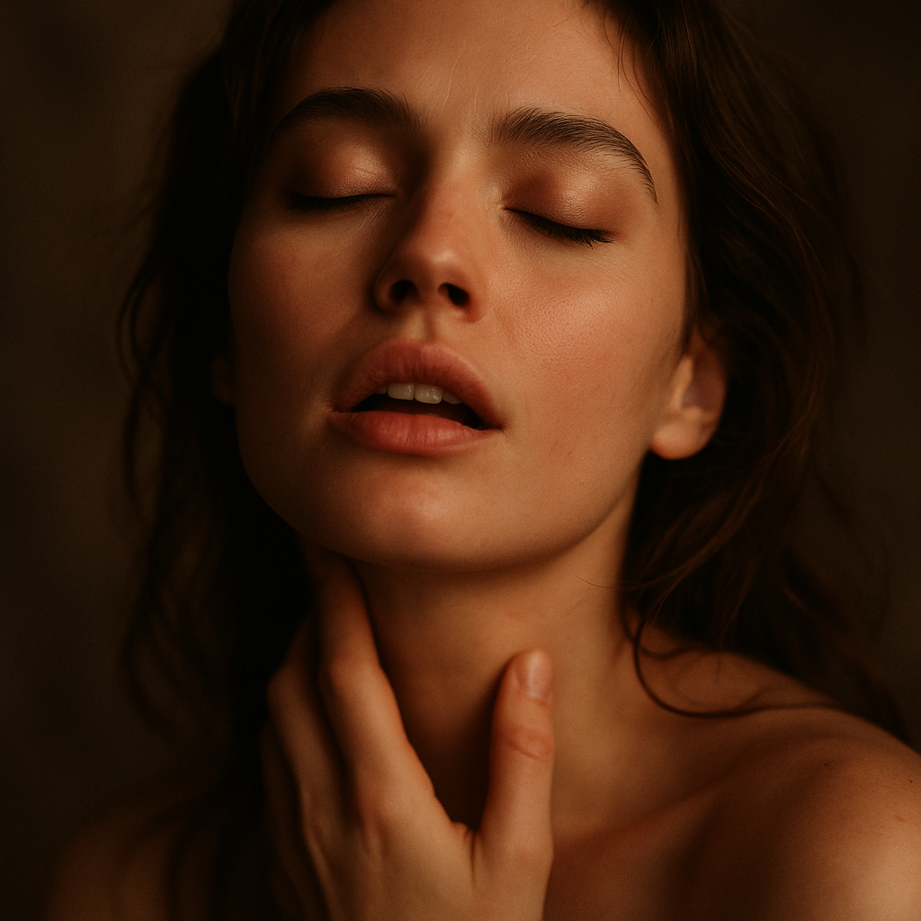 Gli Io della Donna Ritratto emozionale di una donna con occhi chiusi e labbra socchiuse, che sfiora il collo con la mano, illuminata da luce calda su sfondo sfocato.