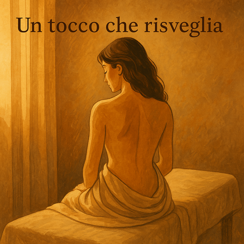 Donna seduta su lettino da massaggio, avvolta da un telo, in un ambiente caldo e rilassante con luce soffusa.
