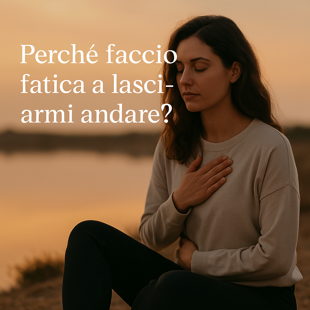 Donna seduta in silenzio al tramonto, con occhi chiusi e mani sul cuore, simbolo di blocco emotivo e ricerca del piacere interiore.