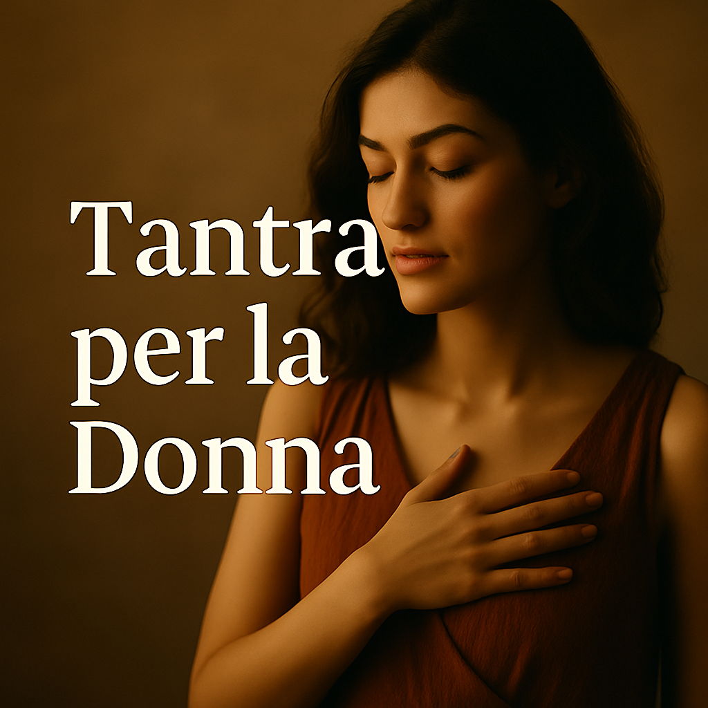 Tantra dove il corpo ritrova piacere e presenza. Donna con occhi chiusi, mano sul petto, immersa in un momento di introspezione e calma, con frase emozionale sul massaggio tantra per la donna.