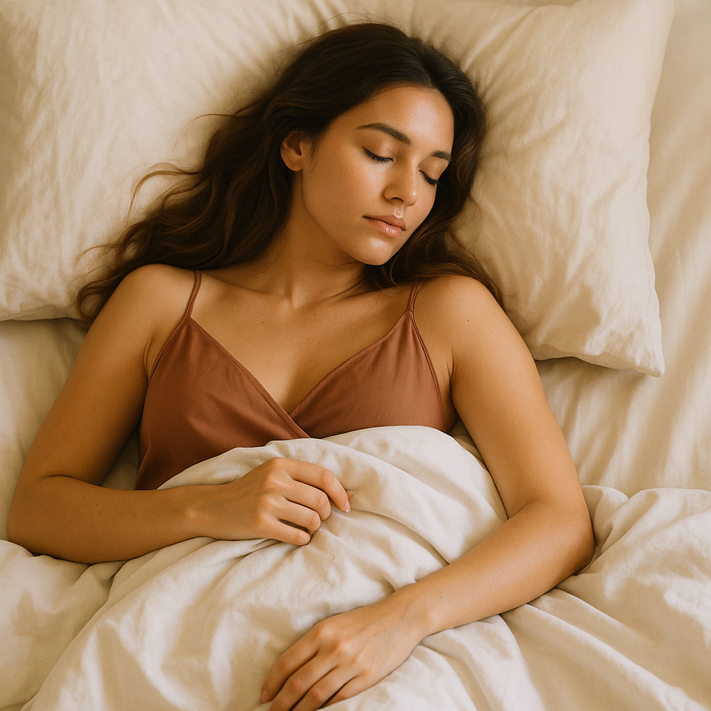 Angling, Donna rilassata a letto con luce naturale, immagine elegante per articolo sul piacere femminile e sulla consapevolezza del corpo.