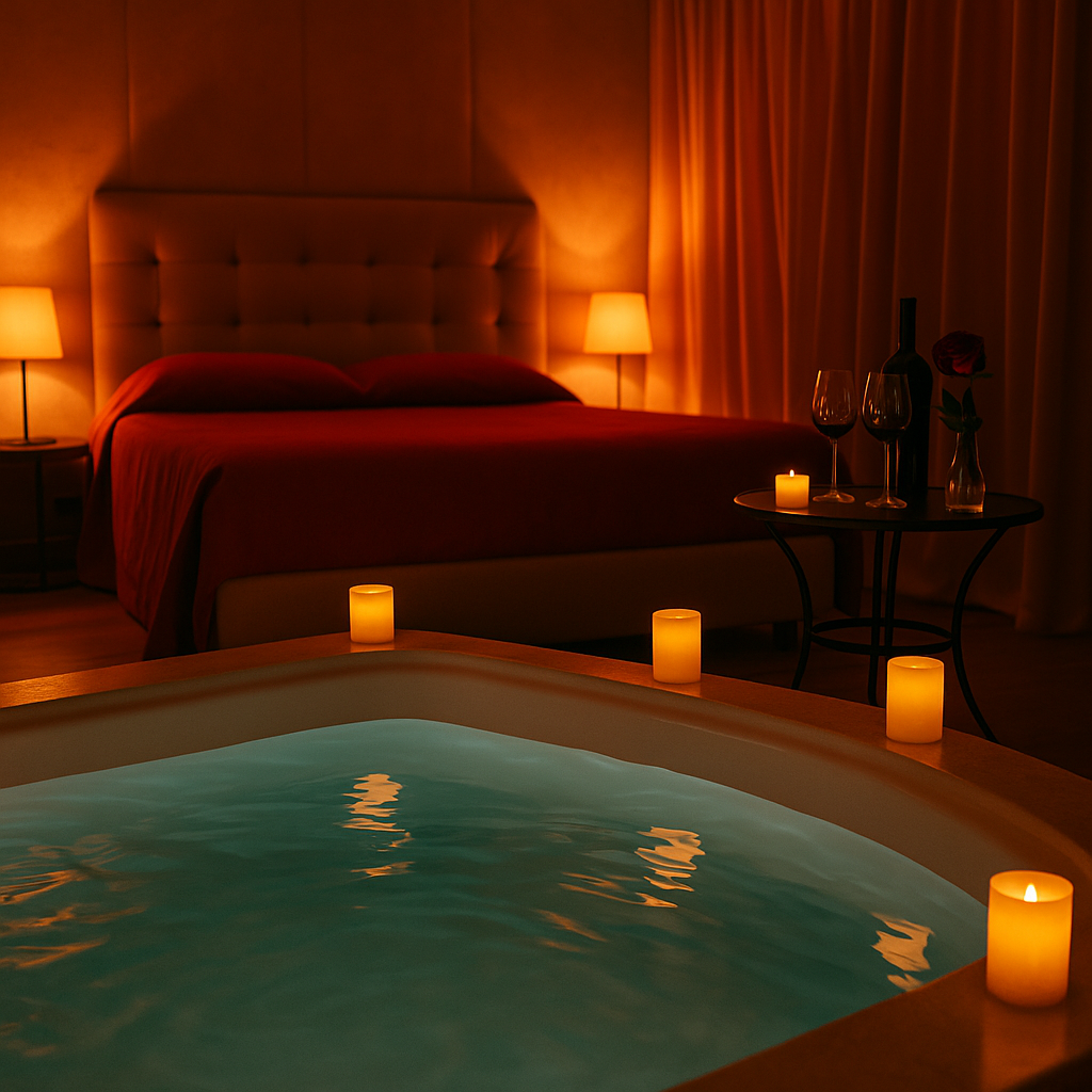 La Suite Segreta,Suite romantica con vasca privata, letto elegante, candele e vino, atmosfera sensuale e calda.