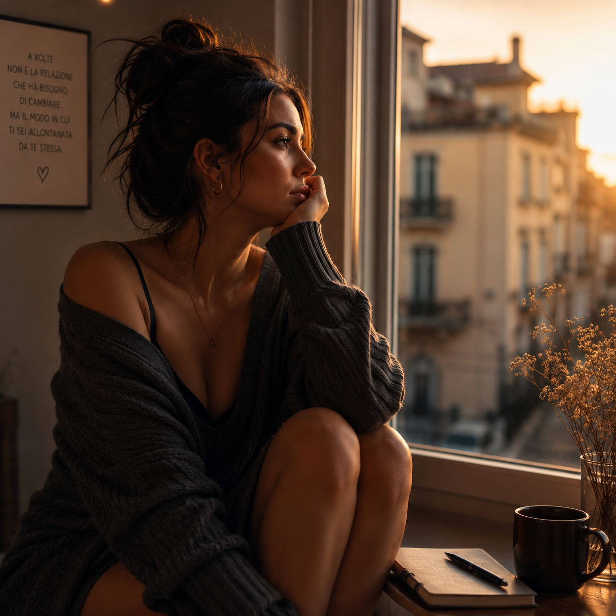 Perché alcune donne si annoiano quando tutto va bene, Donna pensierosa seduta vicino a una finestra mentre riflette sulla propria relazione e sul desiderio di sentirsi nuovamente viva.